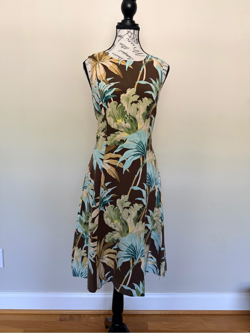 100% Silk Tommy Bahama Brown Floral Midi Dress with Mint and Cream Accents